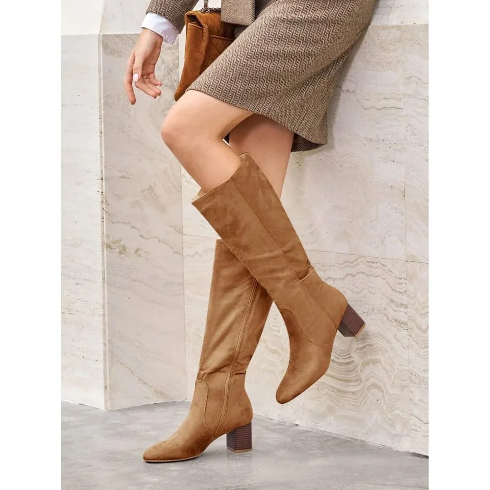 Women's Light Brown Chunky Heel Knee High Boots Suede Round Toe Fall Winter Tall - Picture 2 of 6